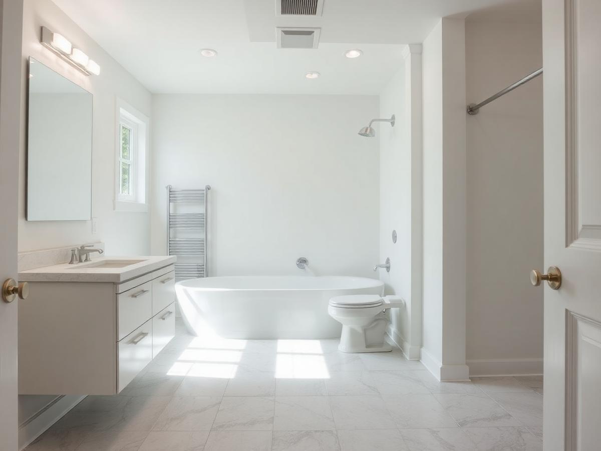 Renovated bathroom with new tile flooring and fresh paint