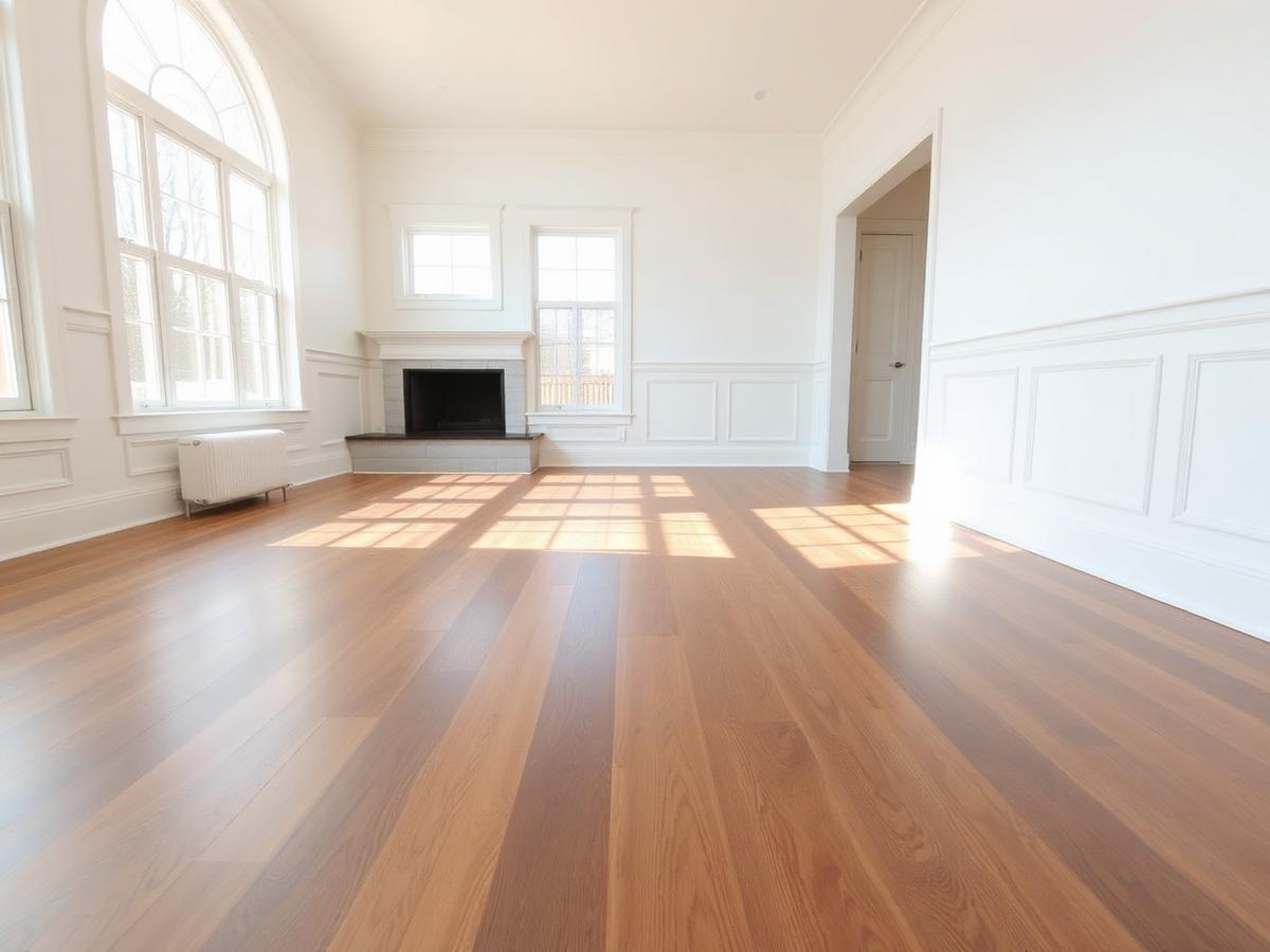 Repaired hardwood flooring in a bright living room